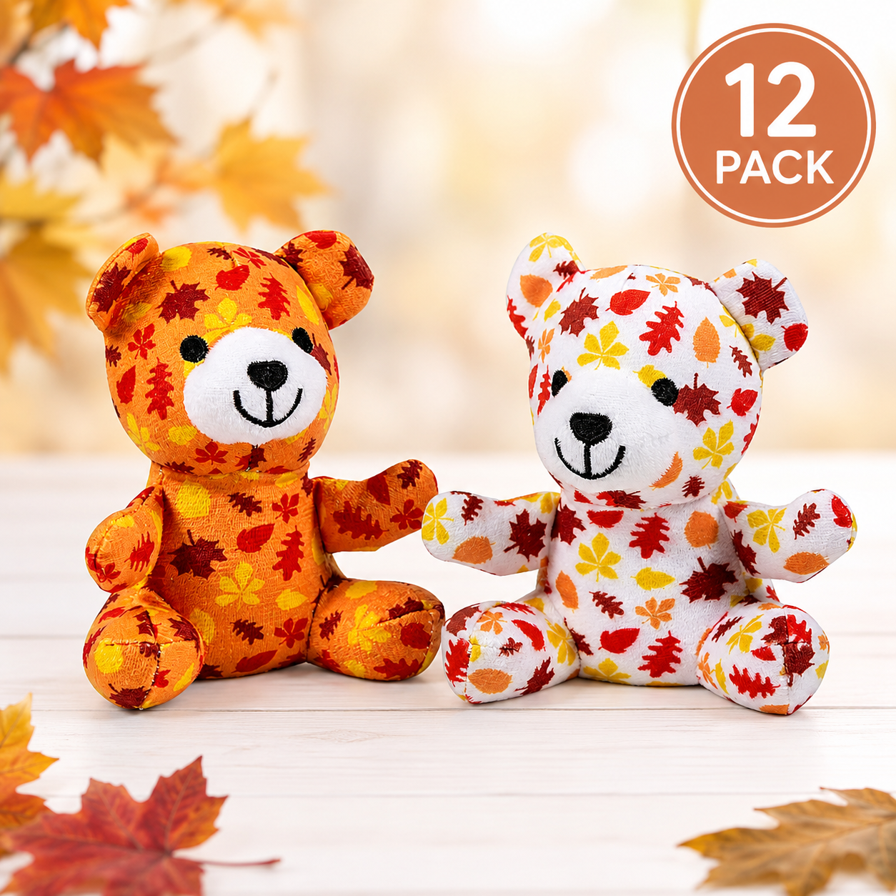 Fall Leaf Print Plush Bears - 12 Pack