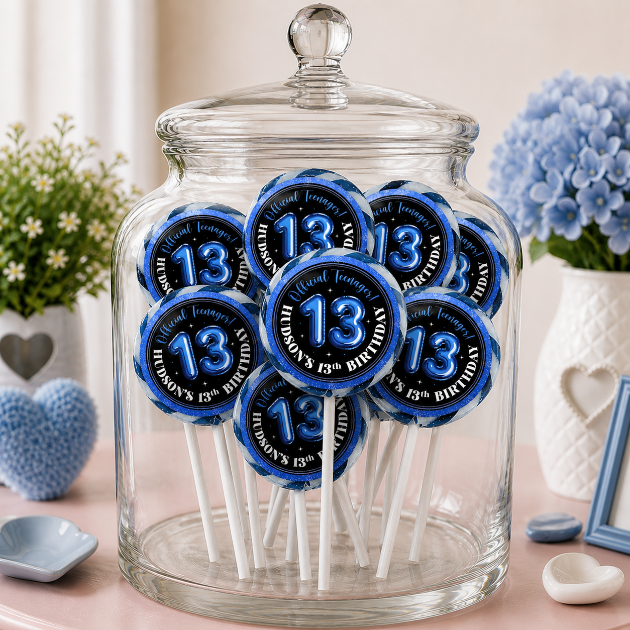 13th Birthday Blue PERSONALIZED Lollipops - 12 Pk