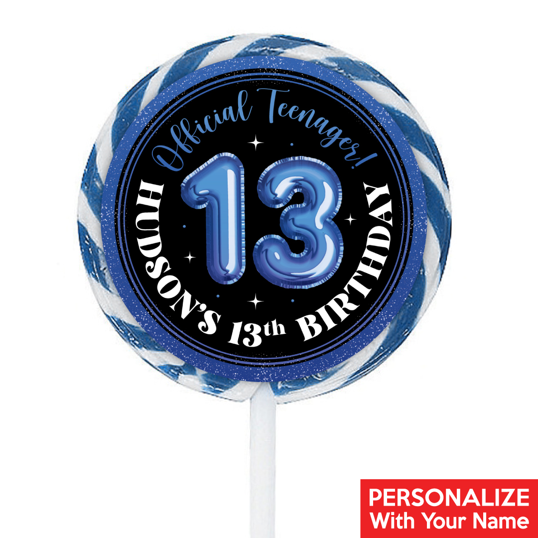 13th Birthday Blue PERSONALIZED Lollipops - 12 Pk