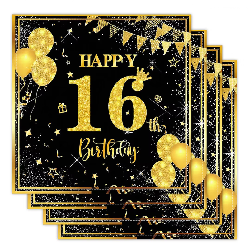 Happy 16th Birthday Black and Gold Lunch Napkins - 10 PK