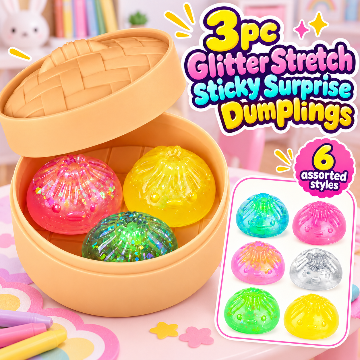 3pc Glitter Stretch Sticky Surprise Dumplings