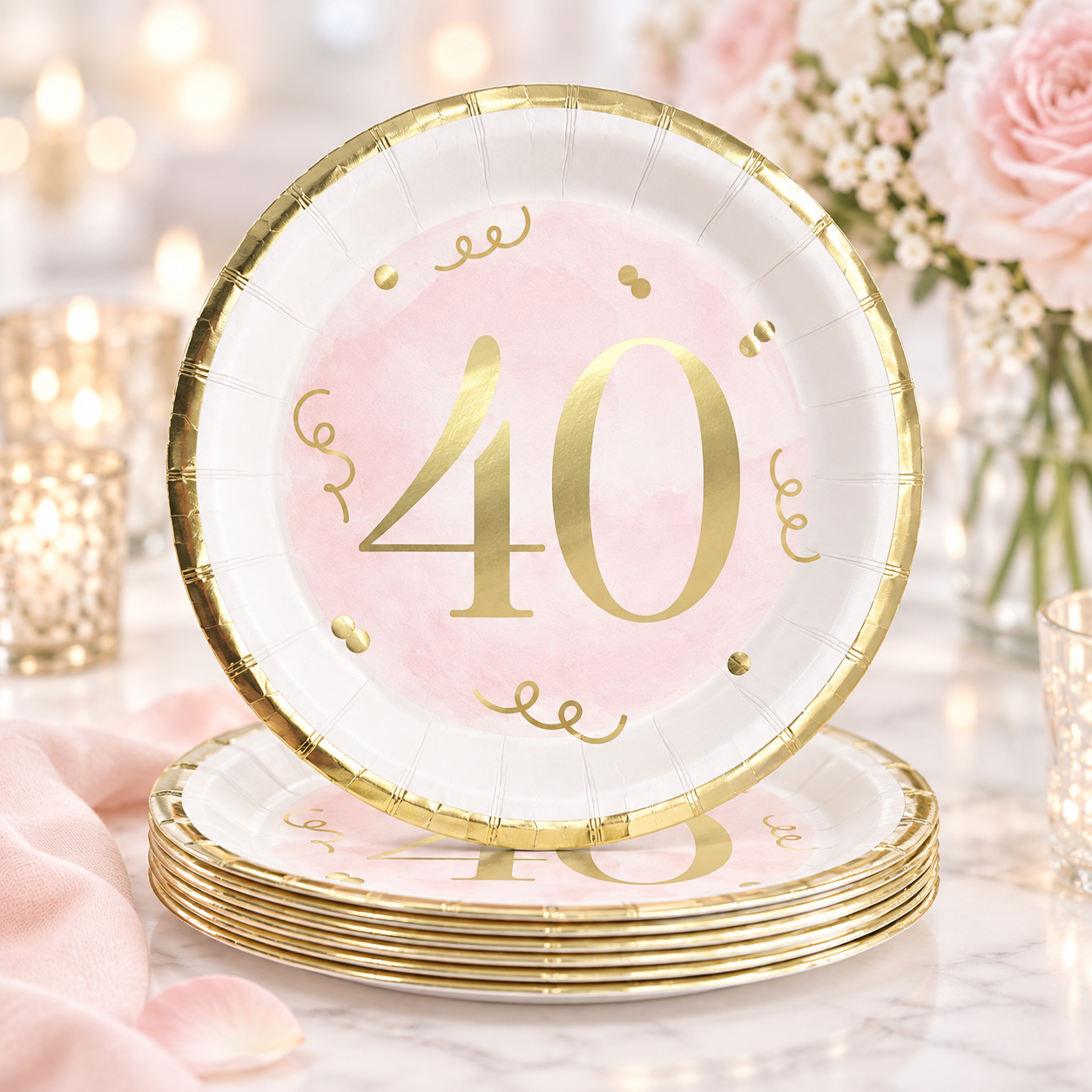Pink Metallic 40th Birthday Dessert Plates - 8 PK