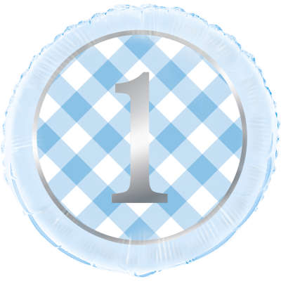 Blue Gingham Metallic Large 1st Birthday Foil Balloon