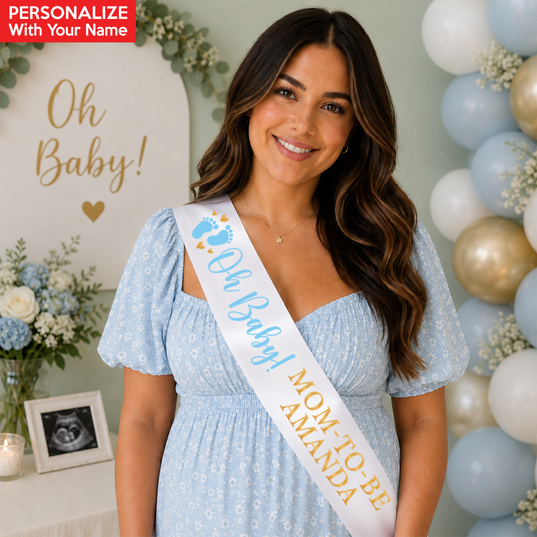 Oh Baby Blue & Gold Baby Shower Personalized White Satin Sash