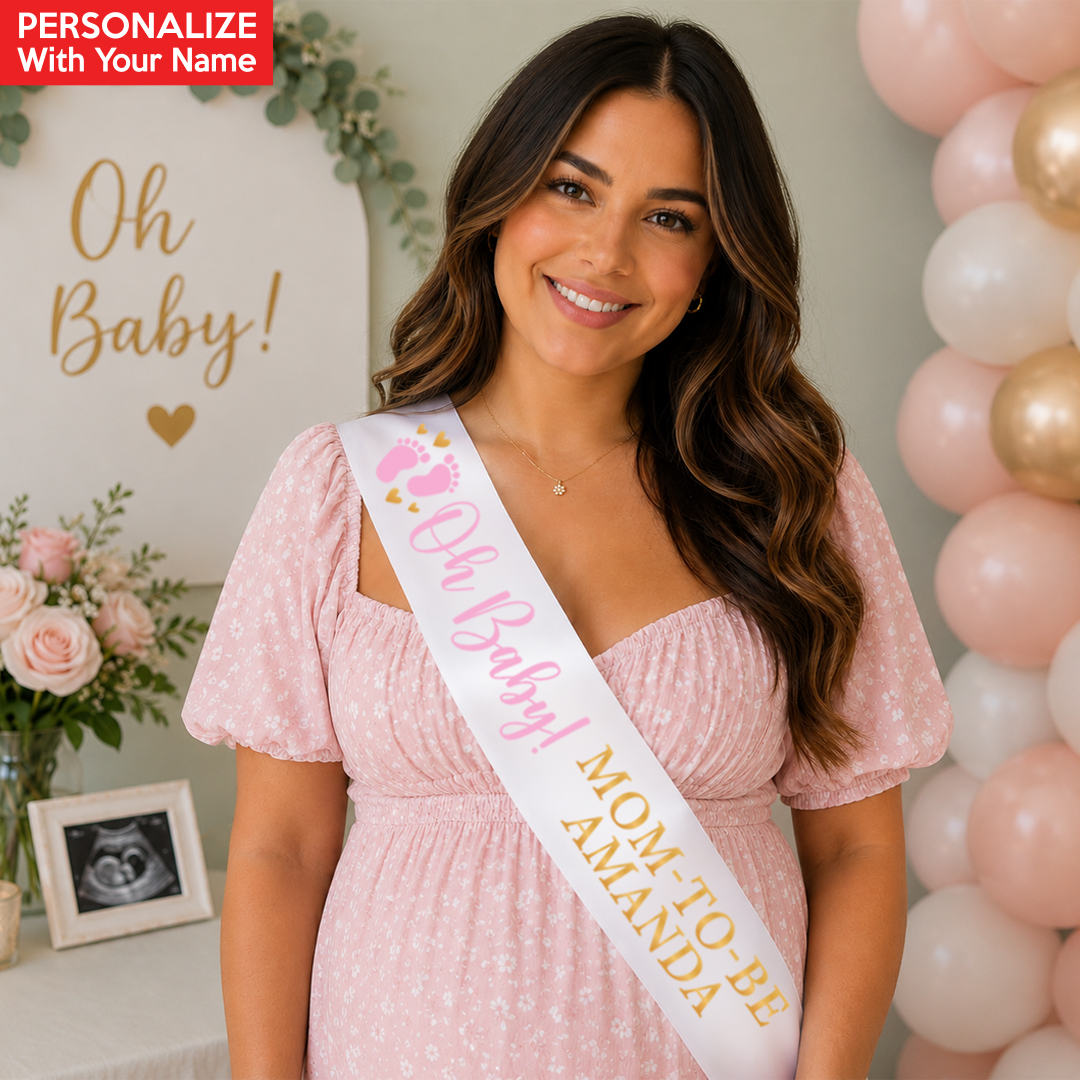 Oh Baby Pink & Gold Baby Shower Personalized White Satin Sash
