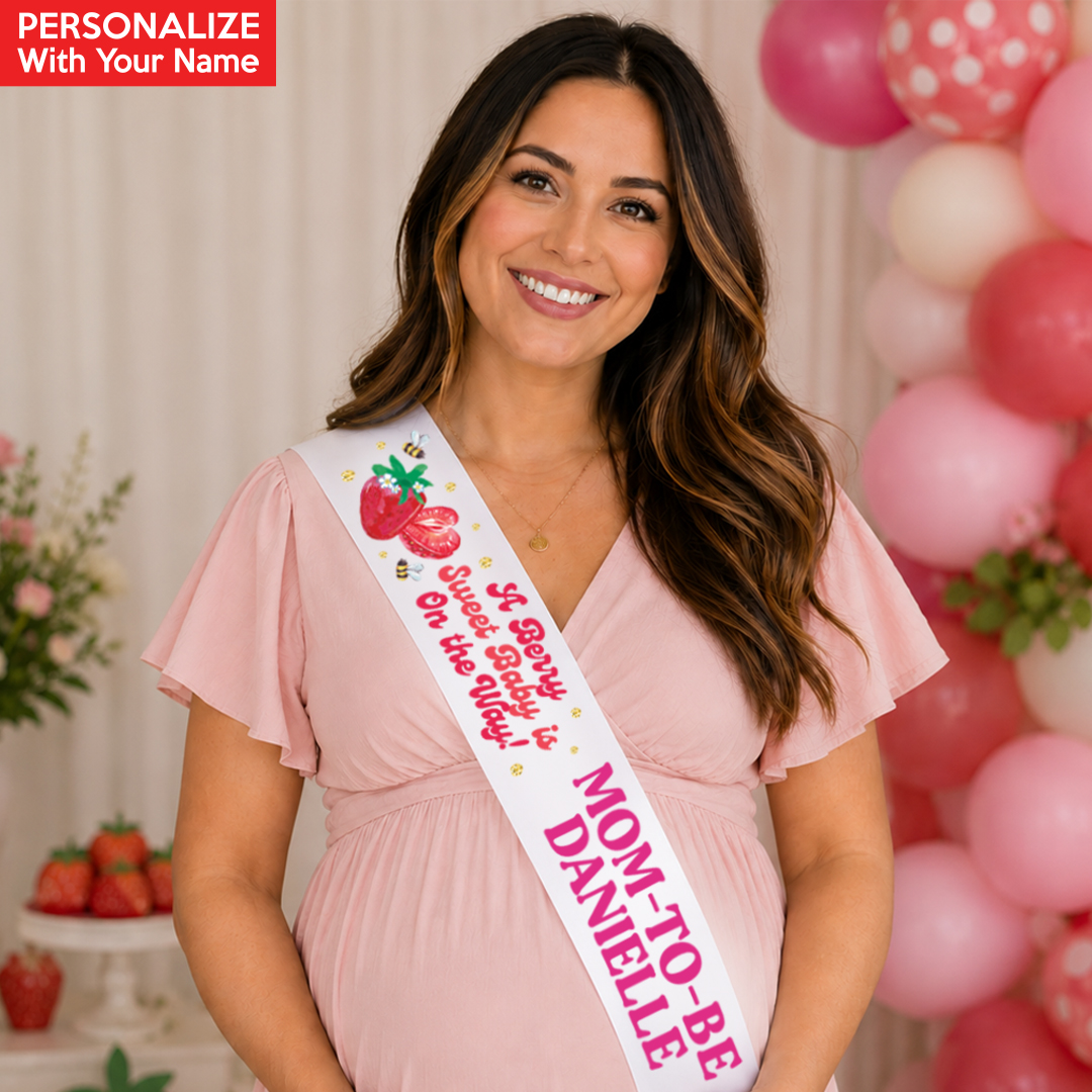 Berry Sweet Strawberry Baby Shower Personalized White Satin Sash