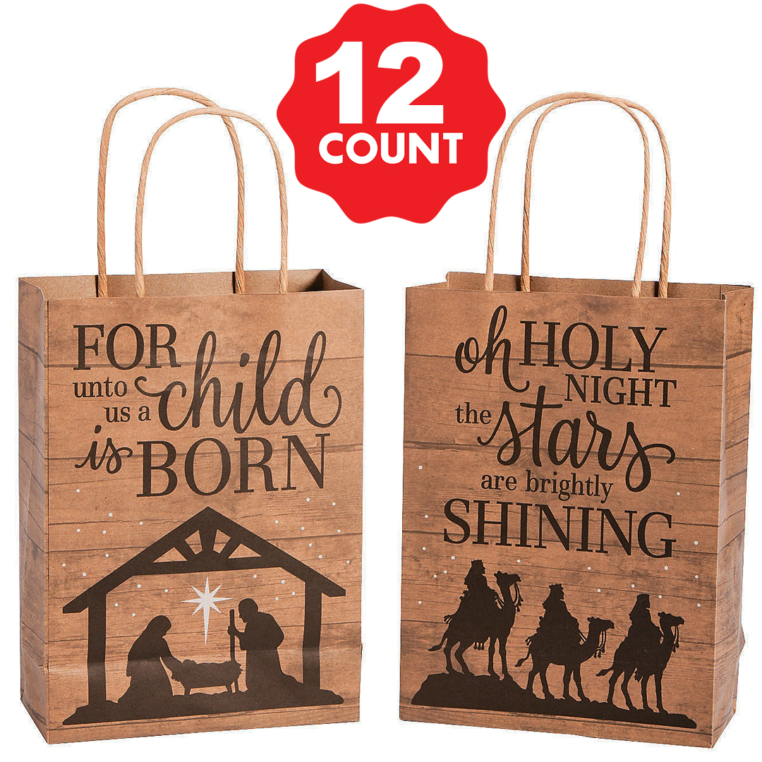 Nativity Barnwood Med Kraft Bags - 12 Pk
