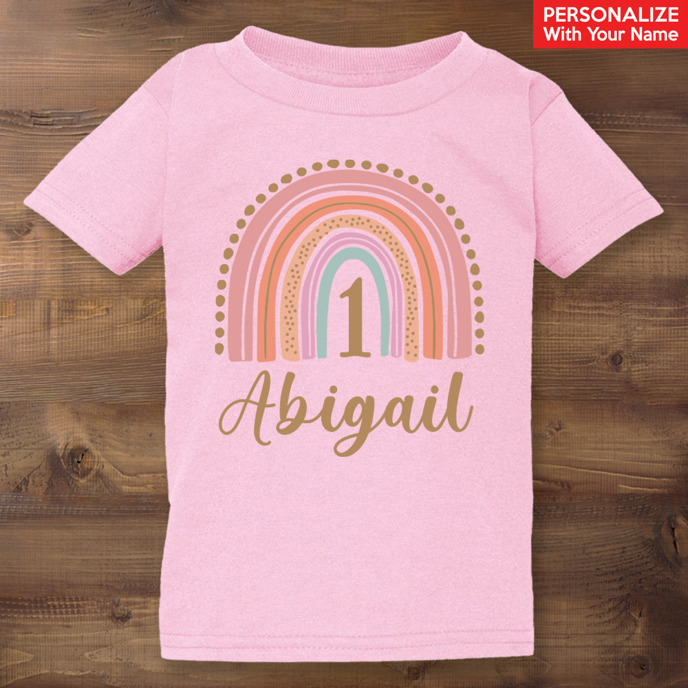 Boho Rainbow 1st Bday Personalized Name Pink T-shirt