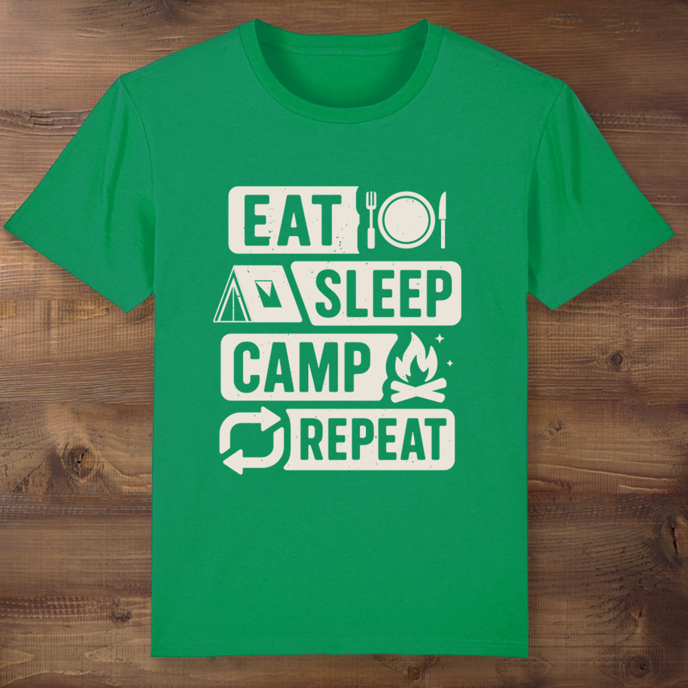 Eat Sleep Camp Repeat Green T-shirt- Choose Size