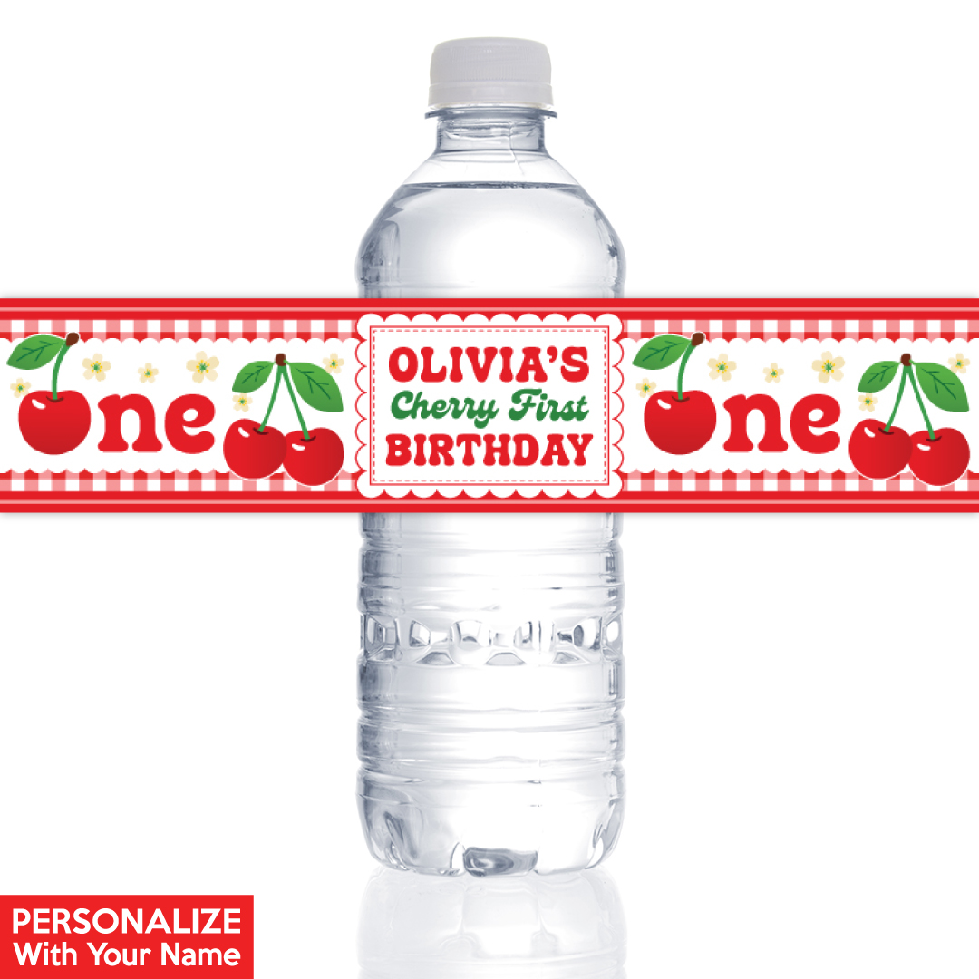 Cherry 1st Birthday PERSONALIZED VINYL Bottle Labels - 10 PK