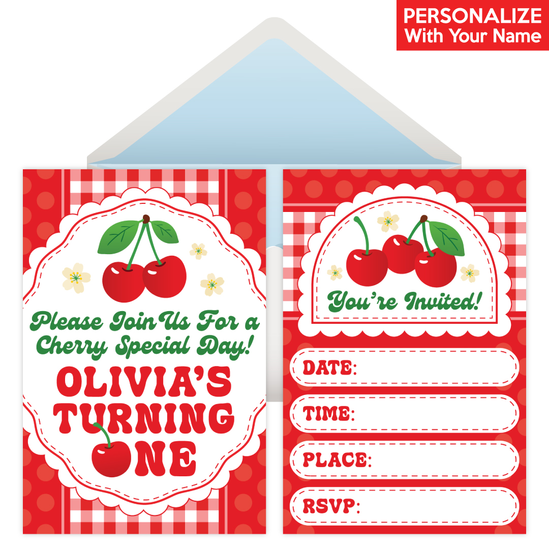 Cherry 1st Birthday PERSONALIZED Invitations - 8 Pk