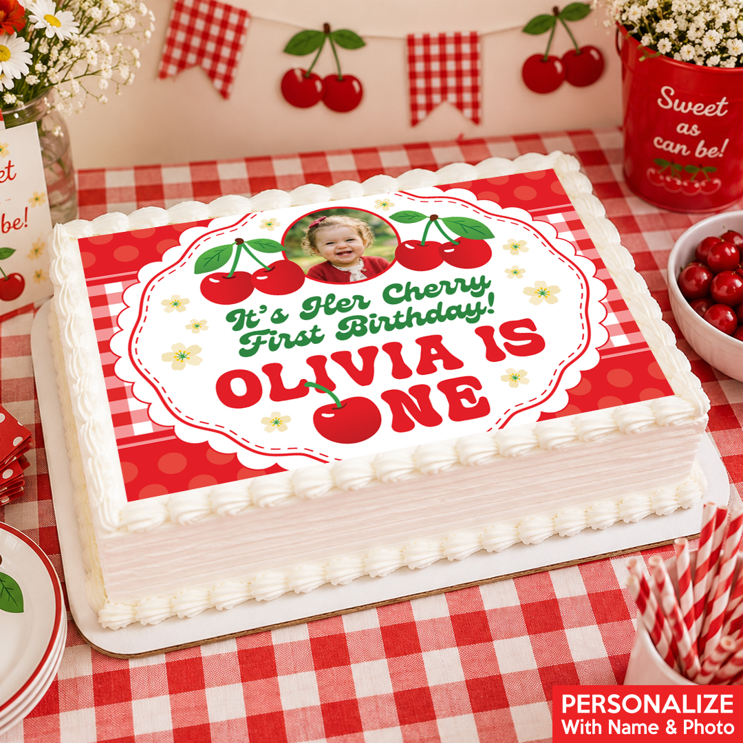 Cherry 1st Birthday Photo Personalized Edible Icing