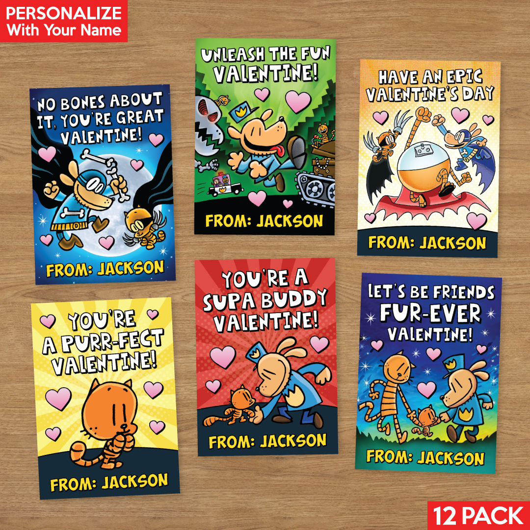 Dog Man PERSONALIZED Valentine Cards 12 PK