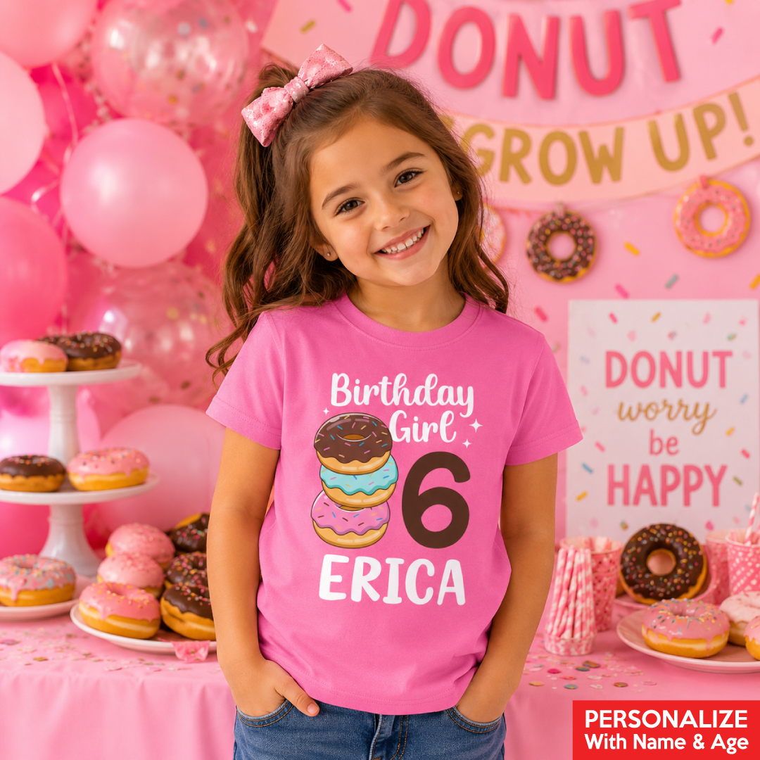 Donut Birthday Girl Personalized Name & Age Dark Pink T-shirt