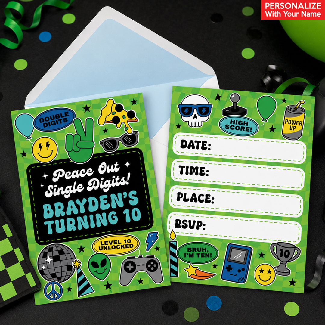 10th Birthday Double Digits Boy PERSONALIZED Invitations - 8 Pk