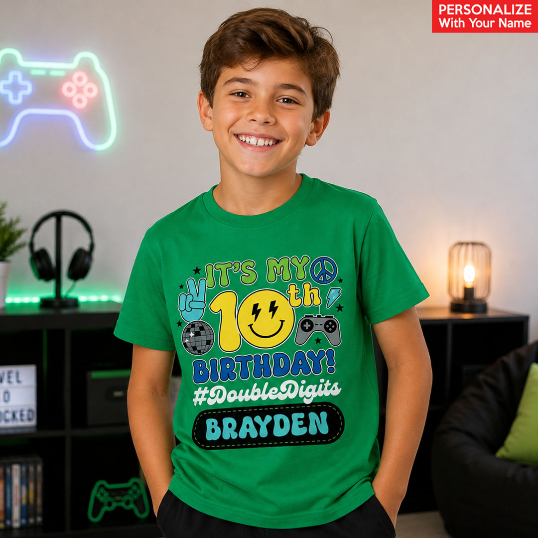 10th Birthday Boy Personalized Name Green T-shirt