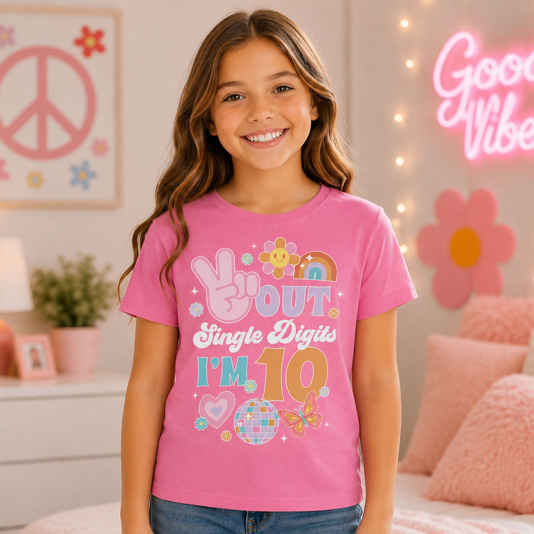 10th Birthday Girl Peace Out Single Digits Pink T-shirt