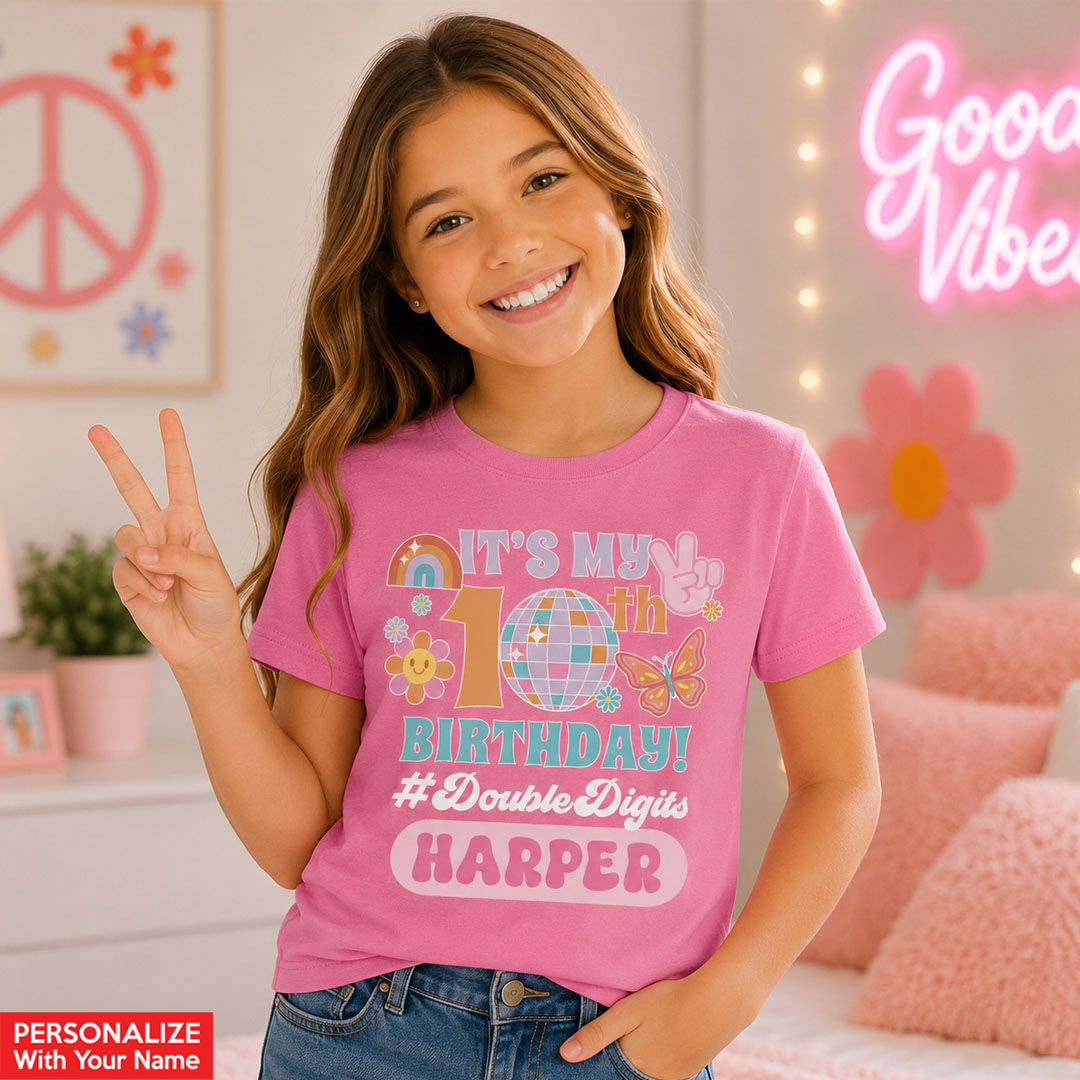 10th Birthday Girl Personalized Name Pink T-shirt