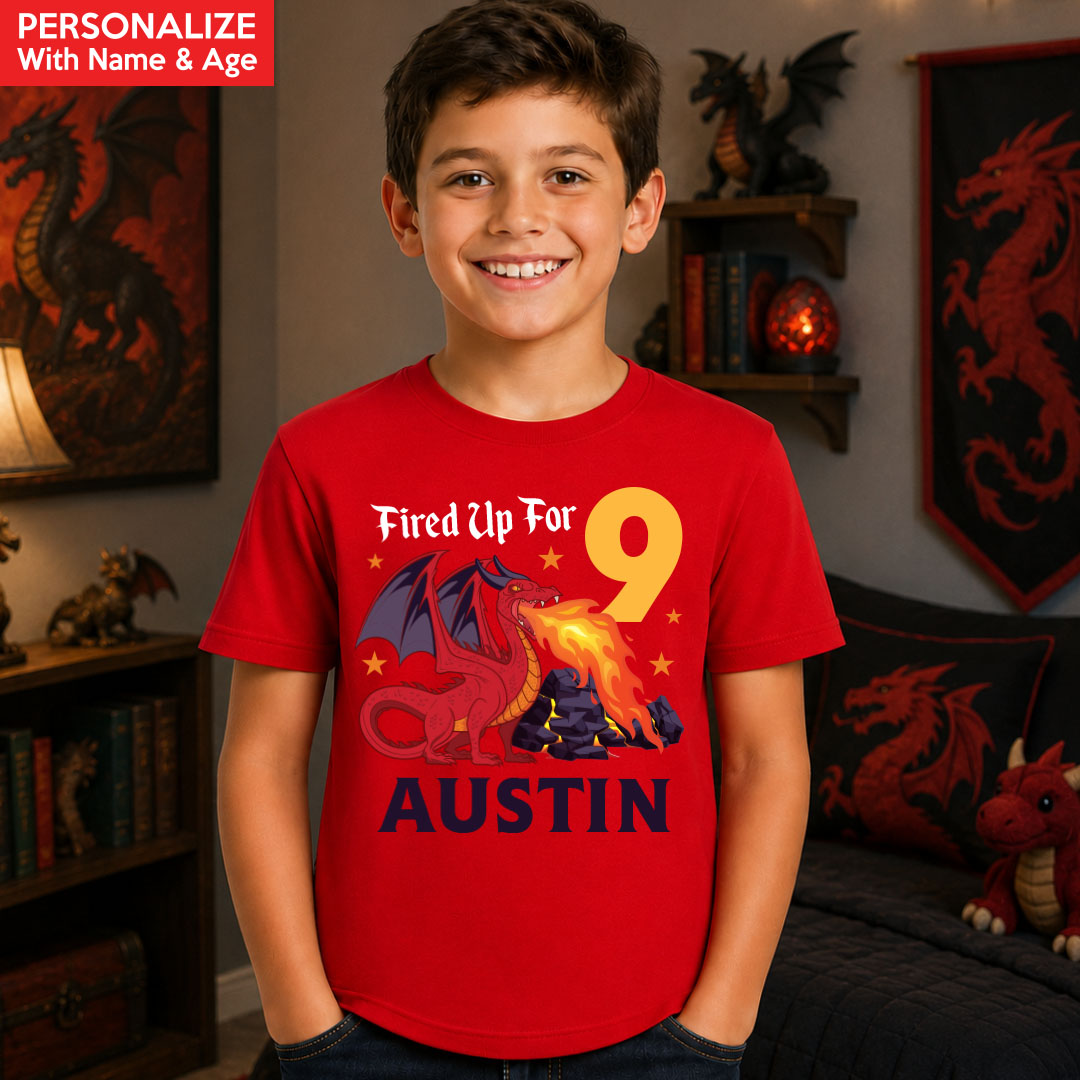 Dragon Personalized Name & Age Red T-shirt