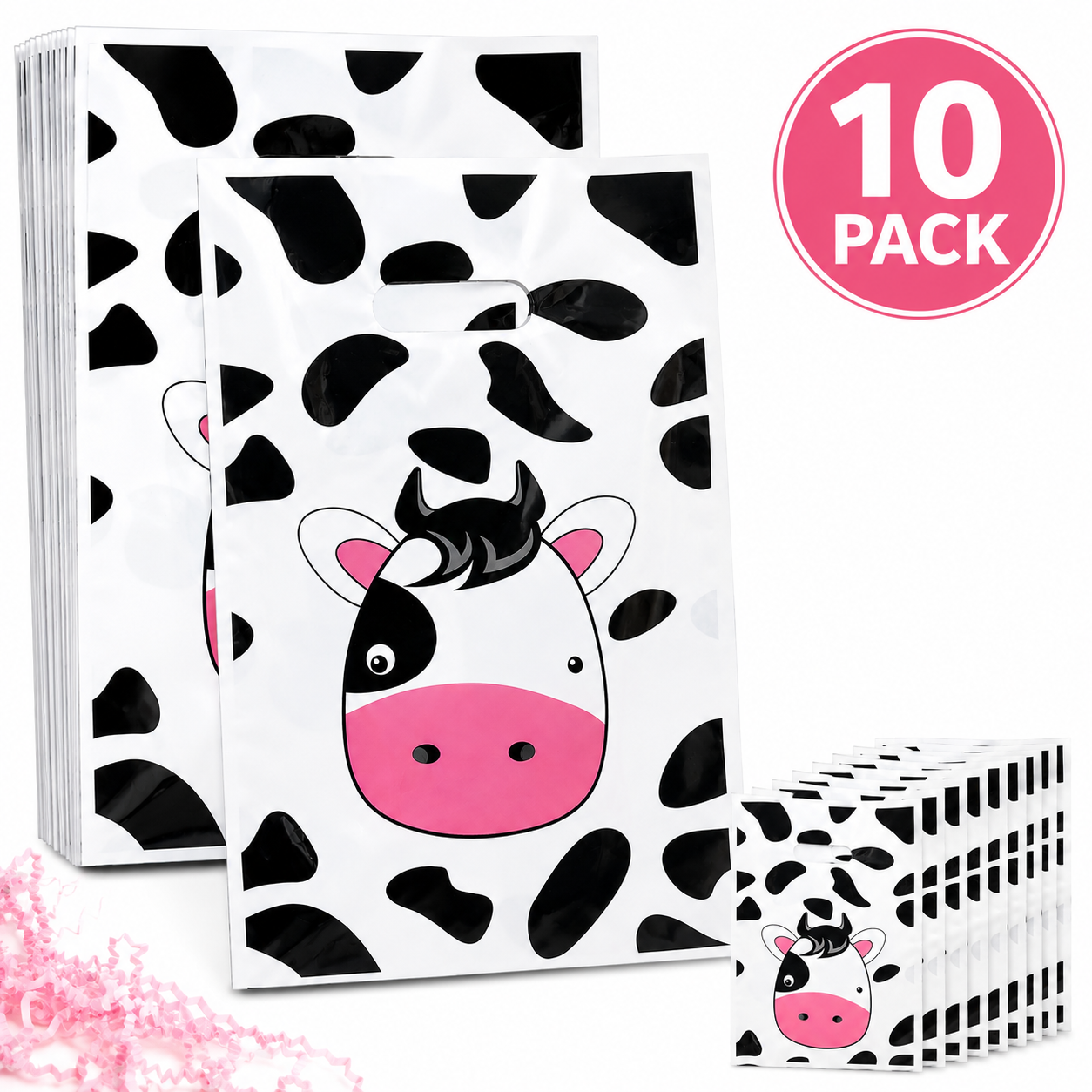 Farm Large Cow Face Themed Plastic Loot Bags - 10 Pack