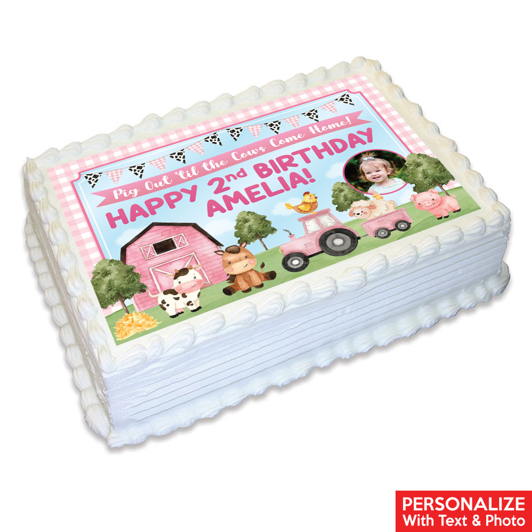 Pink Farm Photo Personalizable Edible Icing