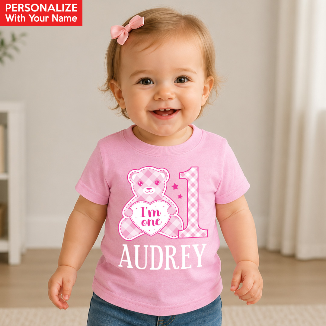 Pink Gingham 1st Personalized Light Pink T-shirt