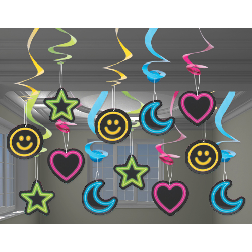 Neon Glow Party Hanging Swirls-12Pk