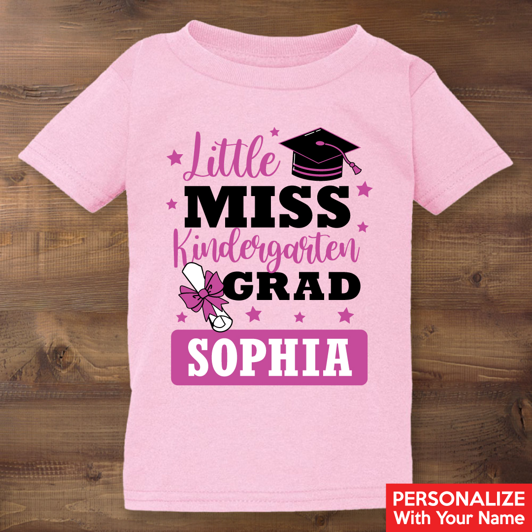 Little Miss Kindergarten Grad Personalized Light Pink Tshirt