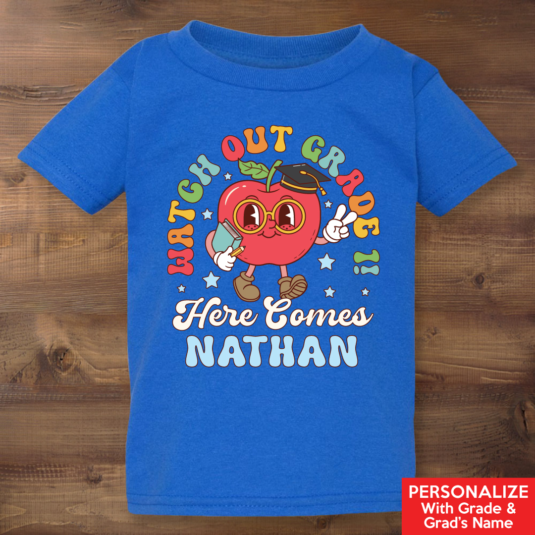 Watch Out Elementary Grad Personalized Blue Tshirt