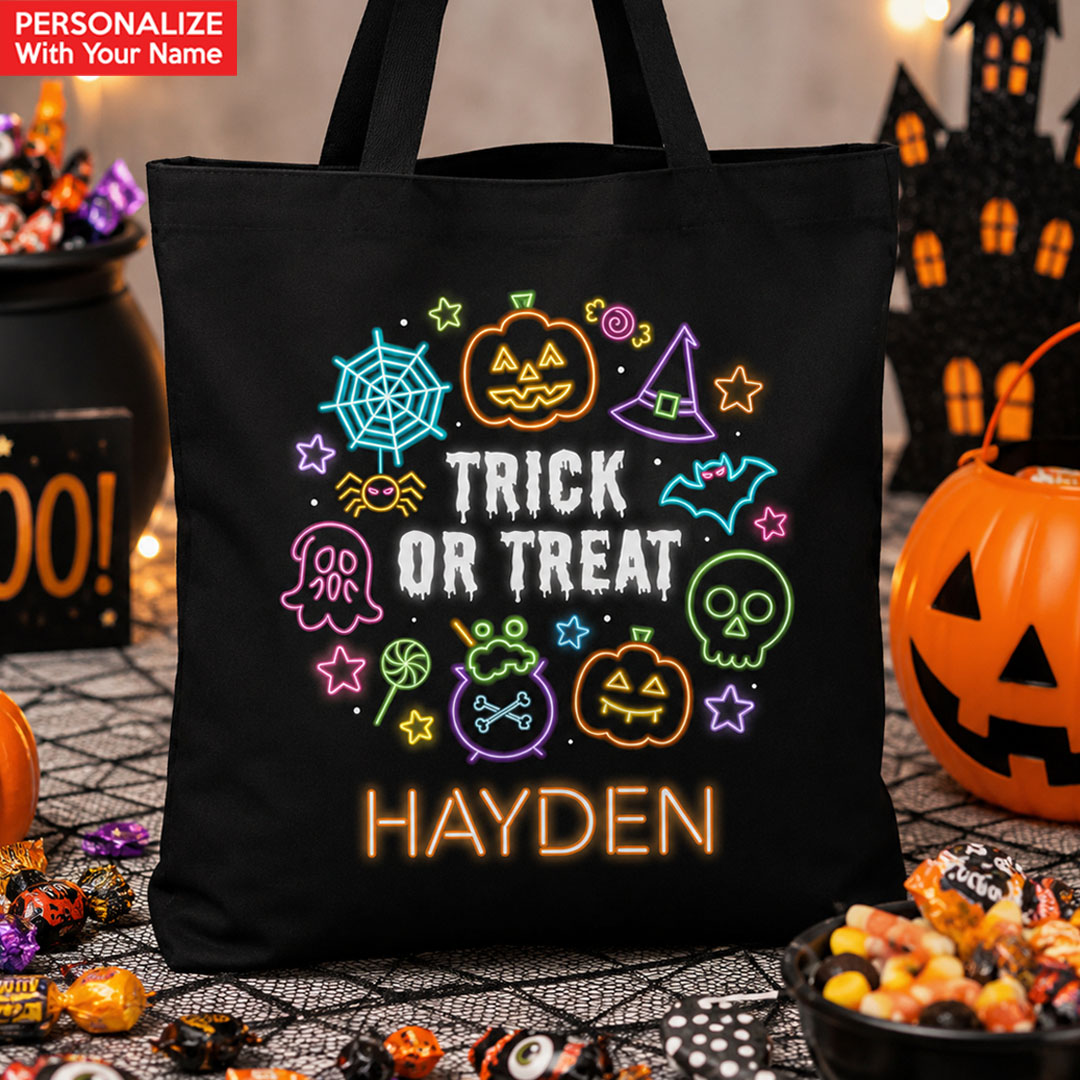 Neon Glow XL Custom Trick or Treat Black Tote Bag
