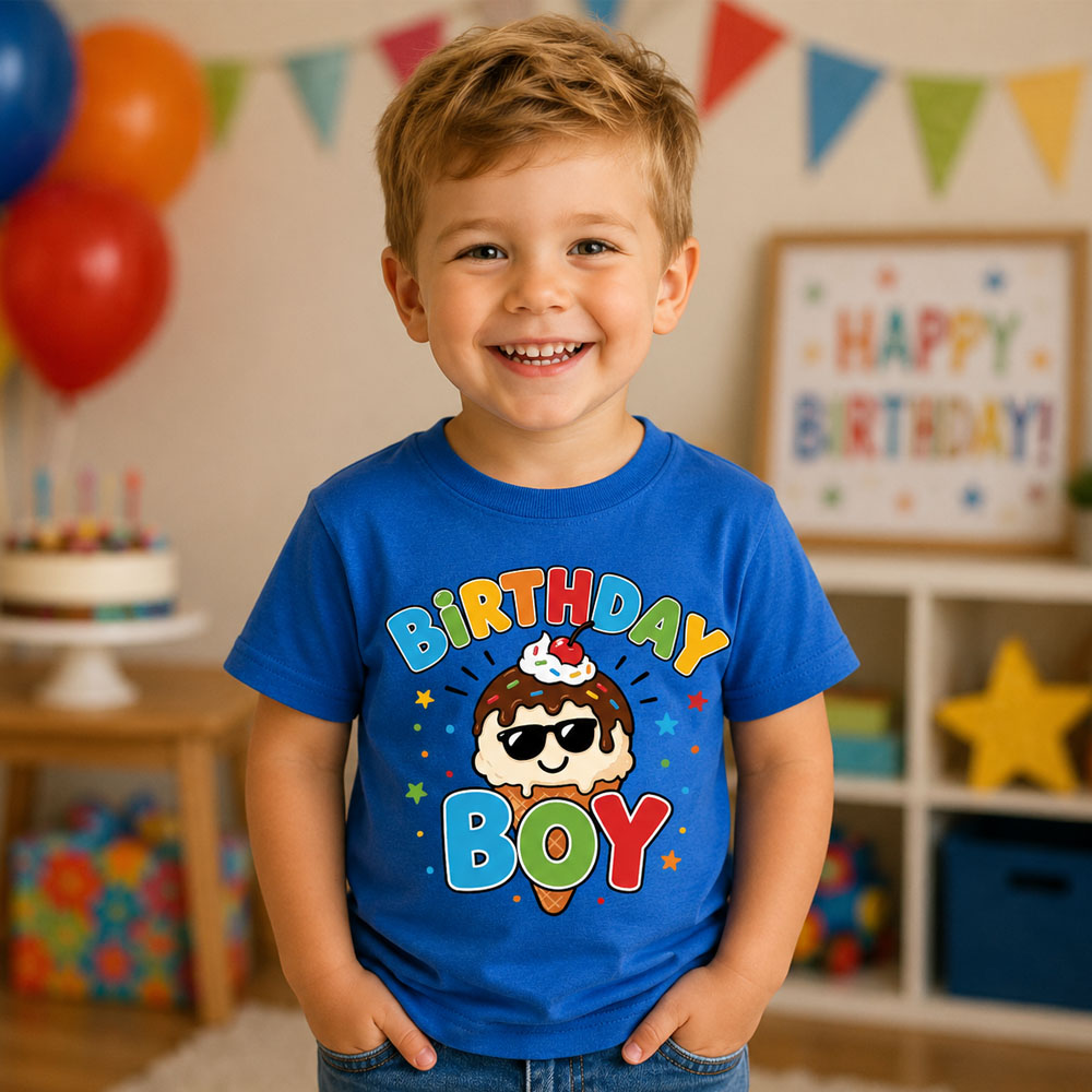 Ice Cream Birthday Boy Blue T-shirt- Choose A Size