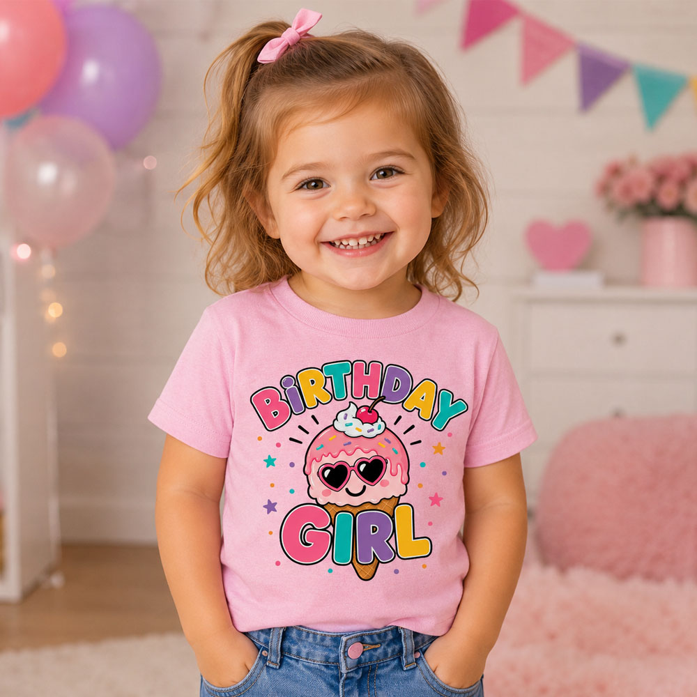 Ice Cream Birthday Girl Light Pink T-shirt- Choose A Size