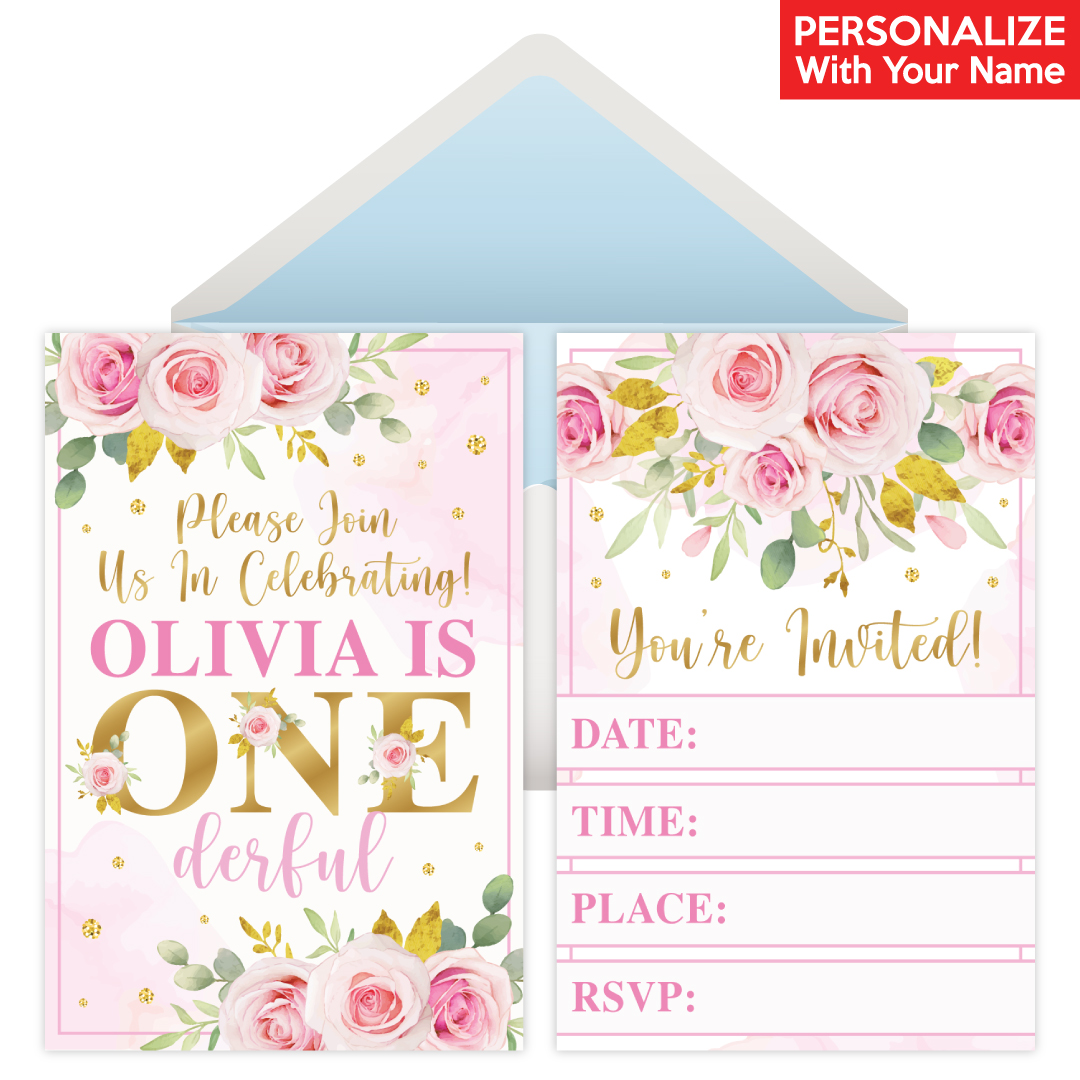 Miss Onederful Floral PERSONALIZED Invitations - 8 Pk