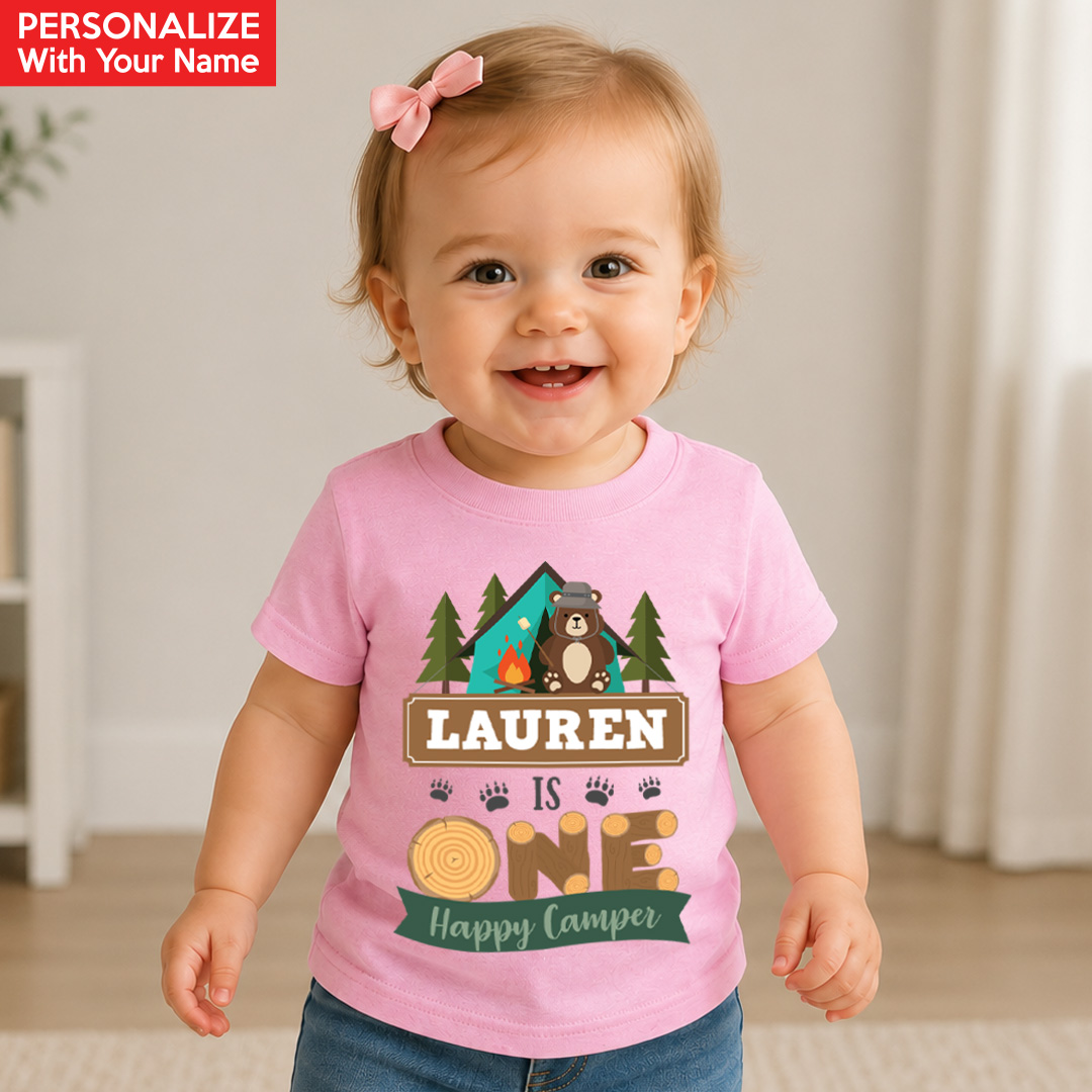 One Happy Camper 1st Birthday Personalized Light Pink Shirt