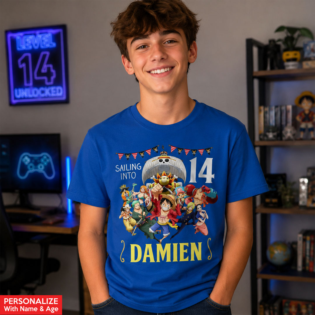 One Piece Personalized Name & Age Blue Shirt