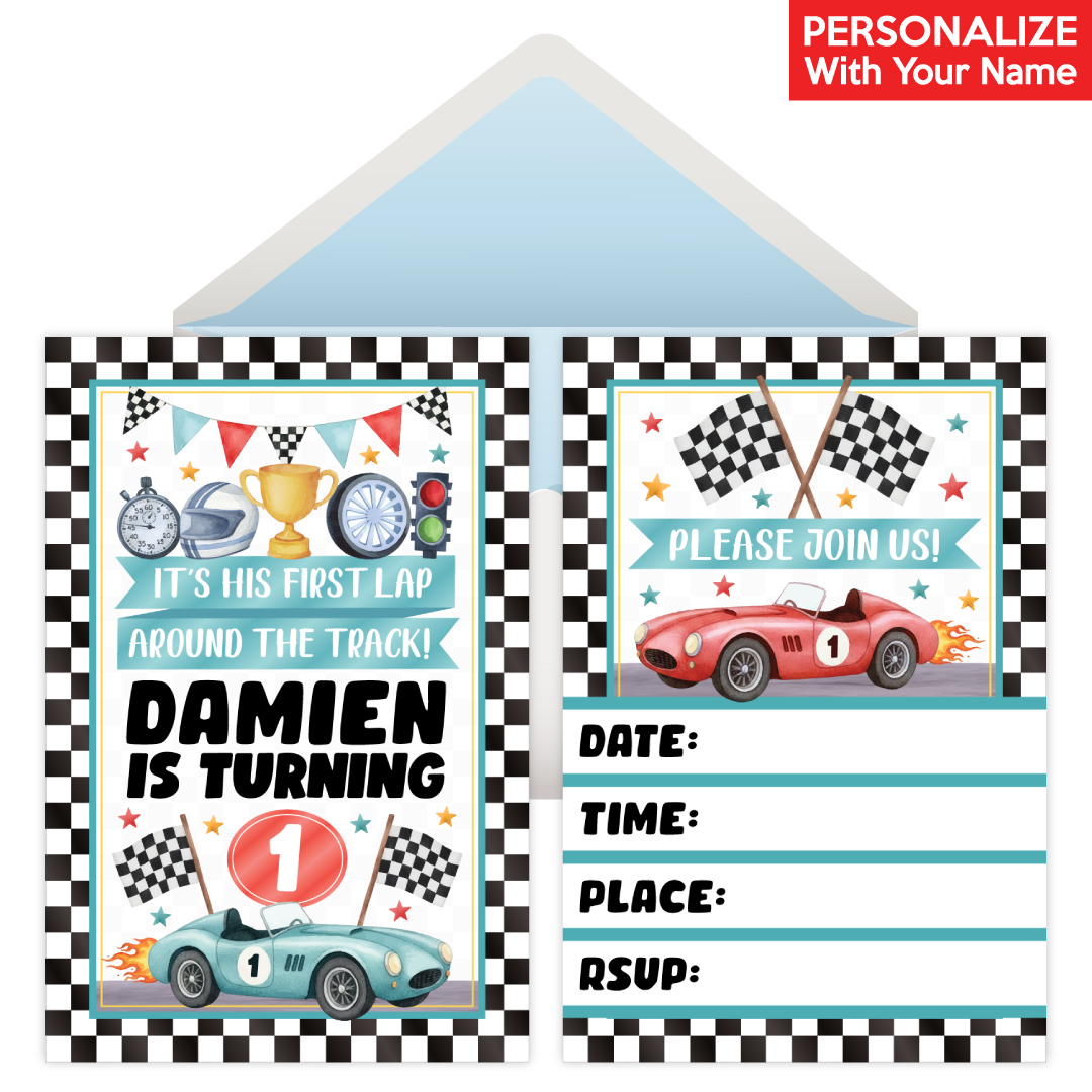 Racing Fast One PERSONALIZED Invitations - 8 Pack