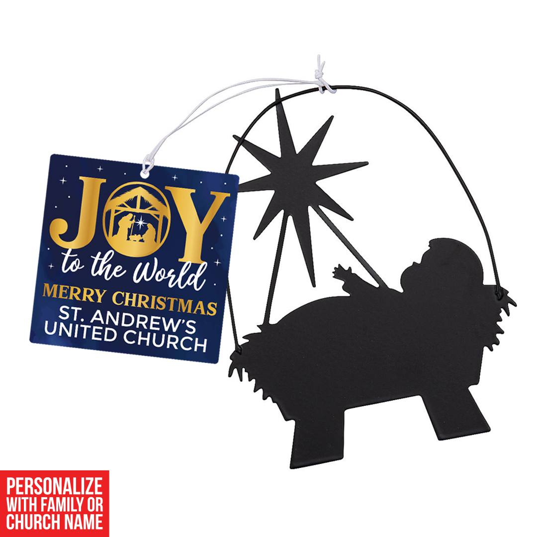 Custom Baby Jesus Metal Ornaments & Joy Blue Cards 12PK