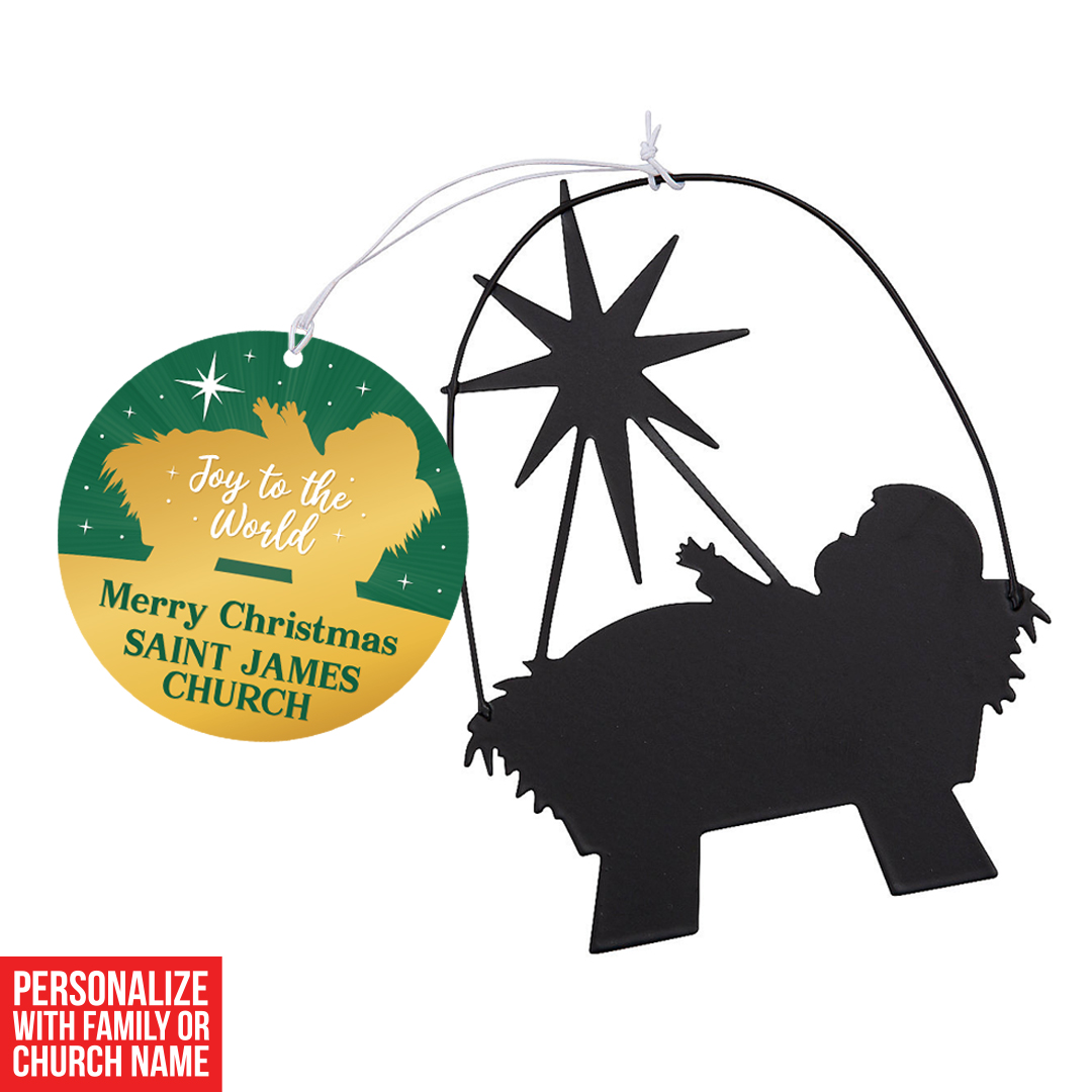Custom Baby Jesus Metal Ornaments & Joy Green Cards 12PK