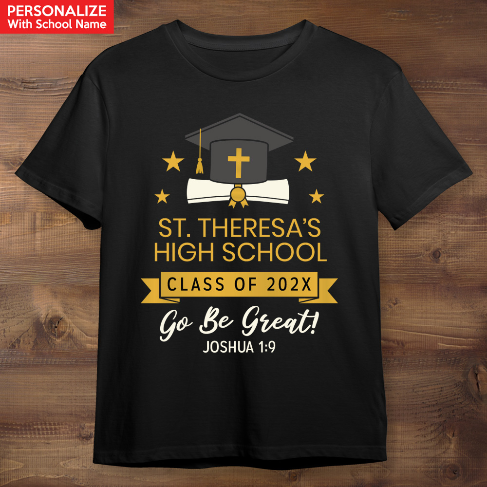 Religious Grad Personalized School Name Black Shirt
