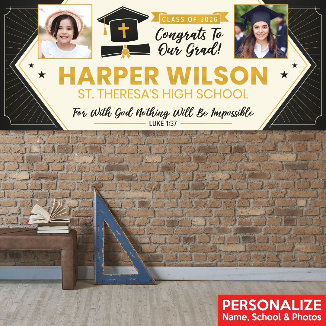 Religious Grad Then & Now PHOTO PERSONALIZED Vinyl Banner