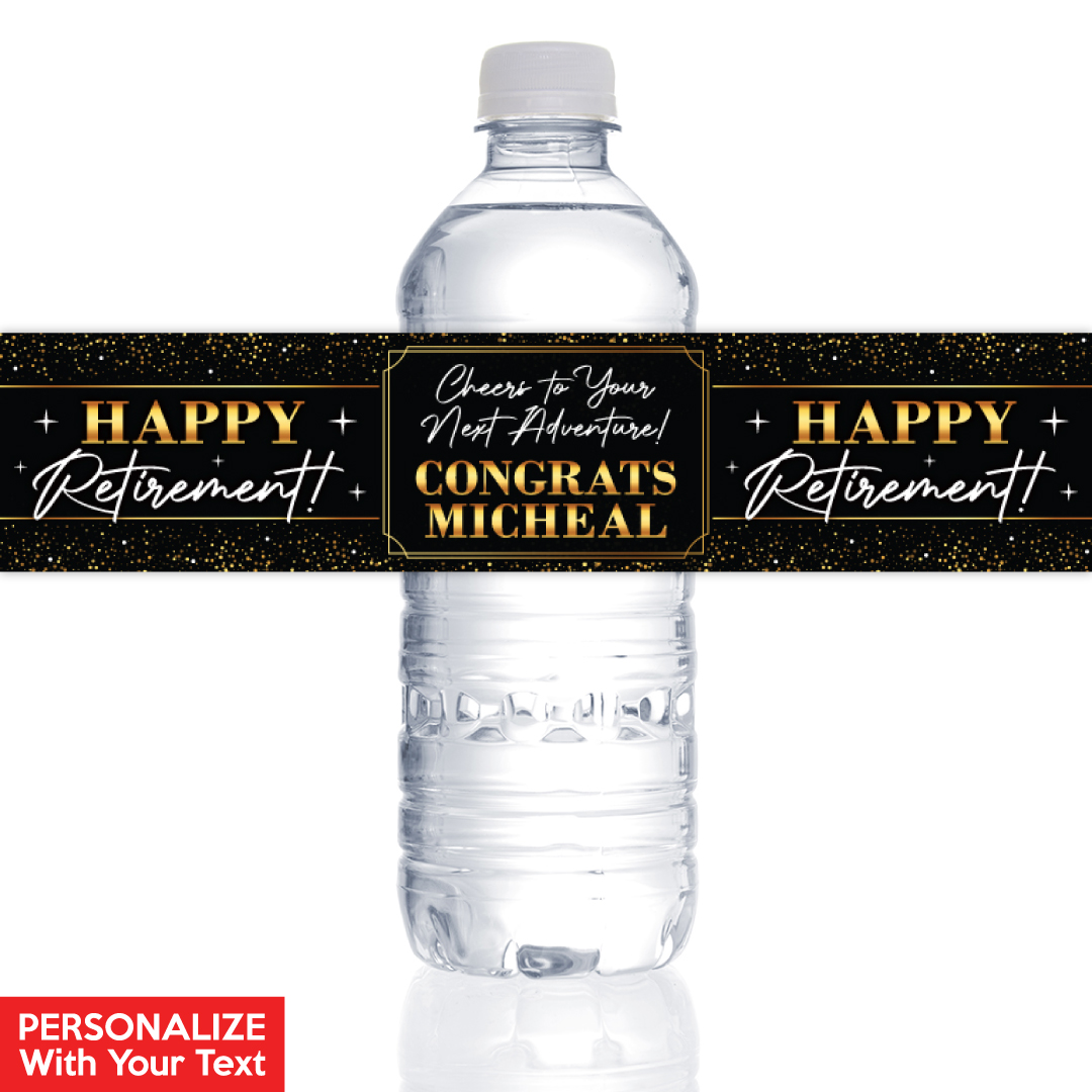 Retirement Black & Gold PERSONALIZED VINYL Bottle Labels - 10 PK