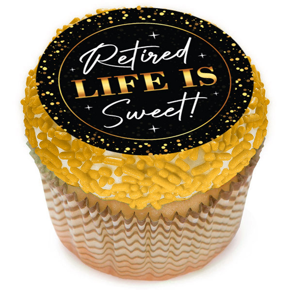 Retirement Black & Gold Cupcake Icing Toppers 12pk