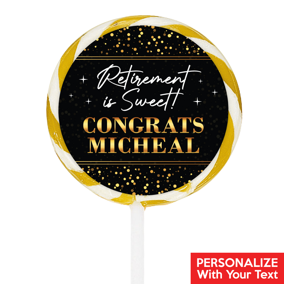 Retirement Black & Gold PERSONALIZED Lollipops - 12 Pk