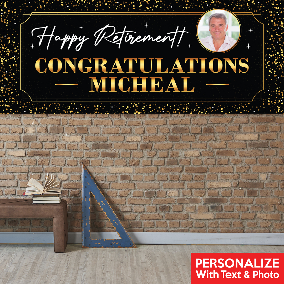 Retirement Black & Gold Photo PERSONALIZED Vinyl Keepsake Banner