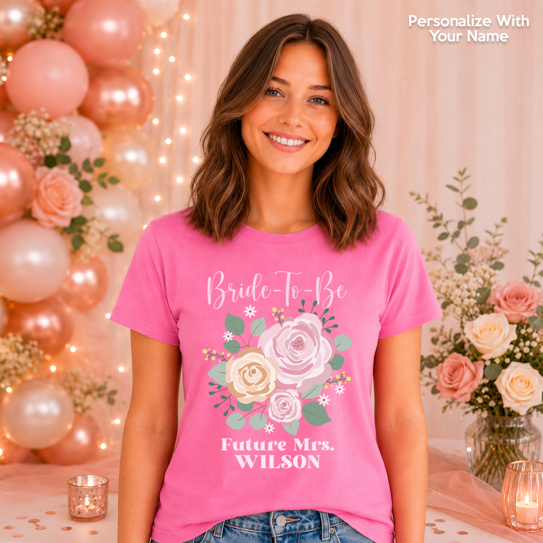 Bride to Be Rose Gold Blooms Personalized Pink T-shirt