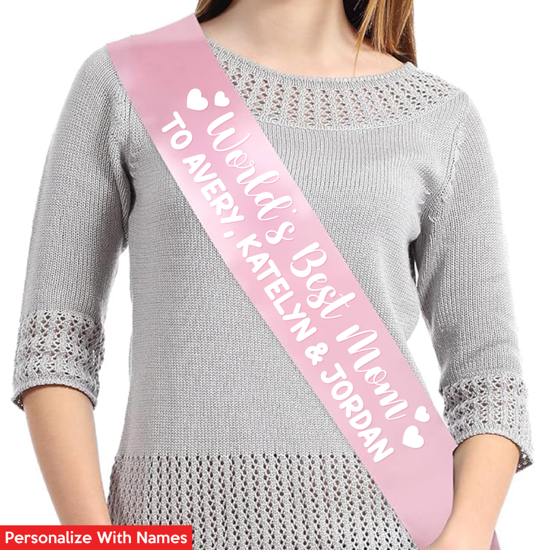 World's Best Mom Personalized Names Light Pink Sash w/ White Vinyl