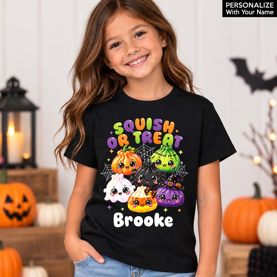 Squishy or Treat Halloween Personalized Name Black Shirt