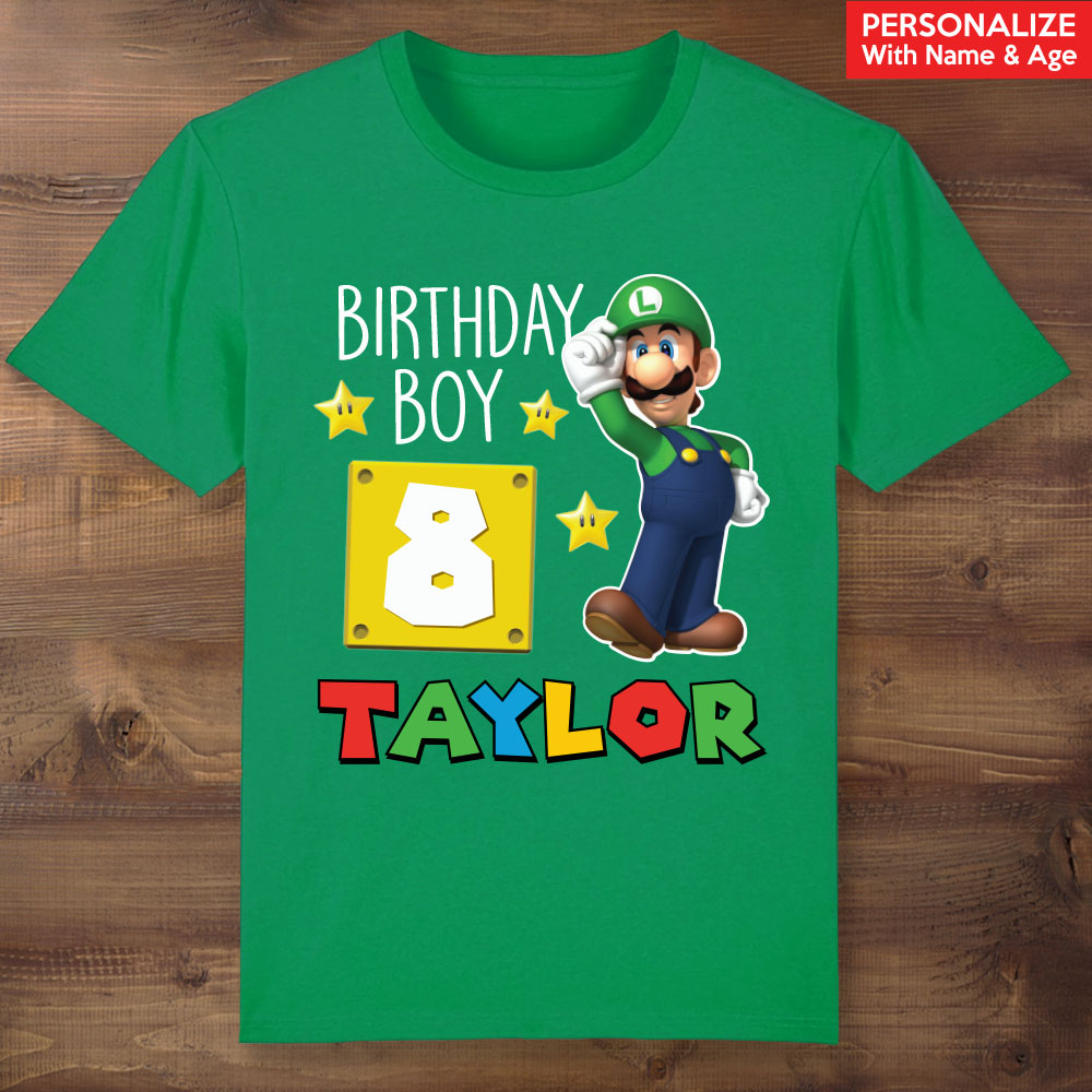 Luigi Birthday Boy Personalized Green T-shirt