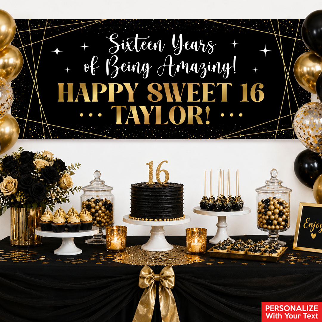 Sweet 16 Black & Gold PERSONALIZED Vinyl Keepsake Banner