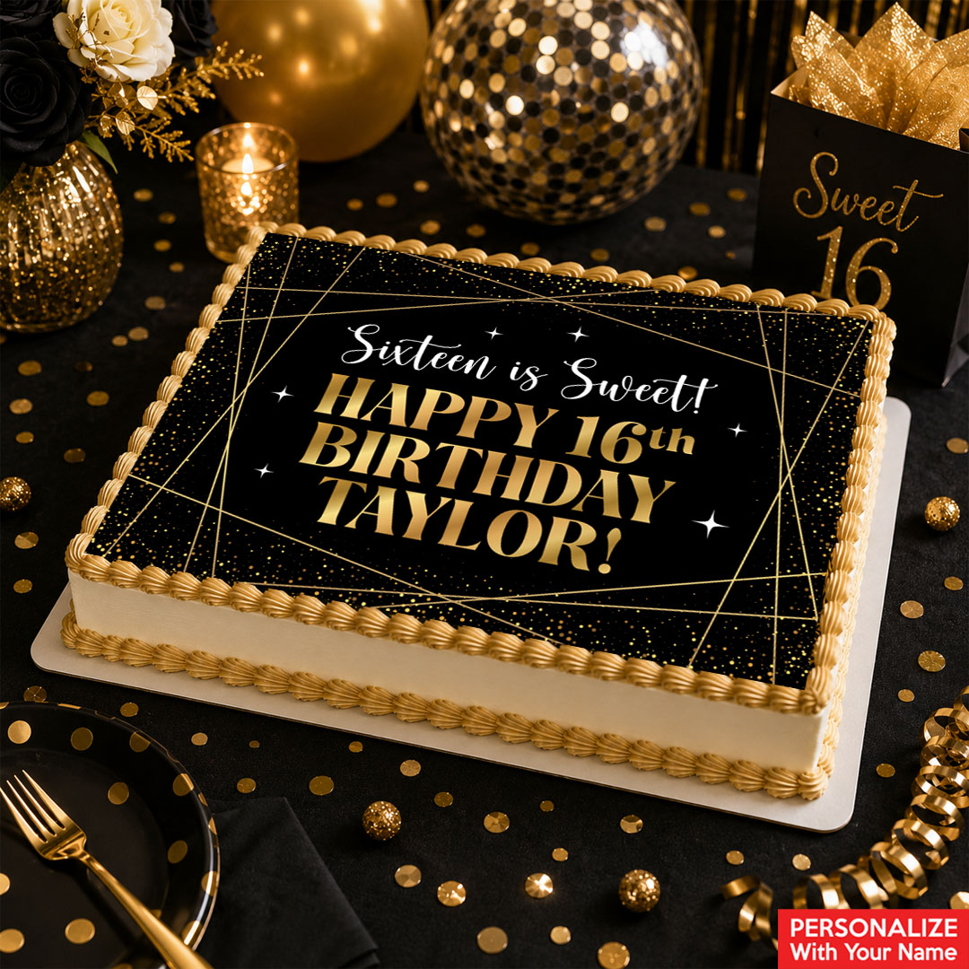 Sweet 16 Black & Gold Personalized Edible Icing